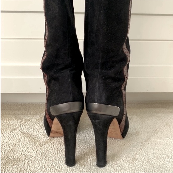 Fendi Black Suede Knee High Boots Brown Lizard Trim Platform High Heel 40 - Picture 6 of 10